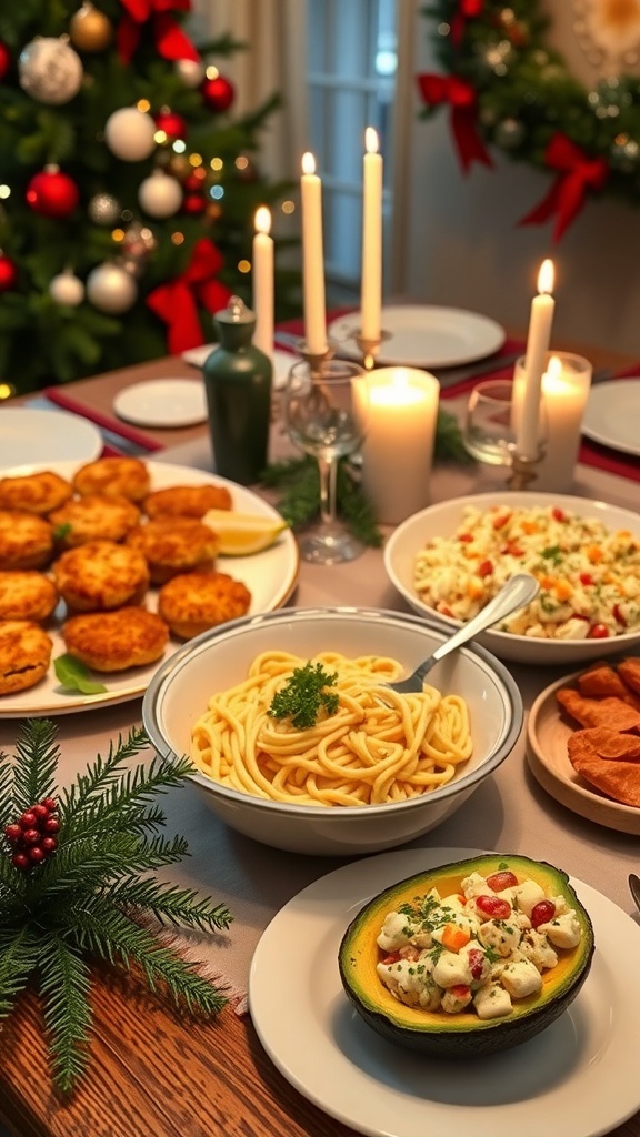 Christmas dinner table with crab cakes, creamy crab pasta, and crab salad in avocado, decorated for the holidays.